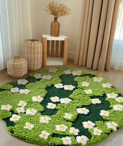 Ouyattle Large Green Floral Pattern Bath Mat Non-Slip Washable Modern Elegant Bohemian Aesthetic Fashion Microfiber Fluffy Bathroom Rug for Bedroom Baby Room