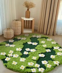 Ouyattle Large Green Floral Pattern Bath Mat Non-Slip Washable Modern Elegant Bohemian Aesthetic Fashion Microfiber Fluffy Bathroom Rug for Bedroom Baby Room