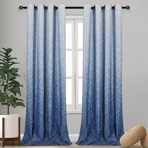 DWCN Blue Room Darkening Curtains for Living Room - Ombre Damask Patterned Extra Long Grommet Curtains for Bedroom, 2 Panels, Gradient Window Curtain Drapes, 52 x 108 Inches Long, Navy Blue