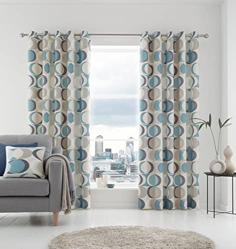 Fusion Duck Egg Geometric Eyelet Curtains 66 x 54 Inches (168 x 137 cm) – 100% Cotton – 2 Panels – Retro Vector Circle Print – Bedroom and Living Room Drapes – Crescent Pattern Design