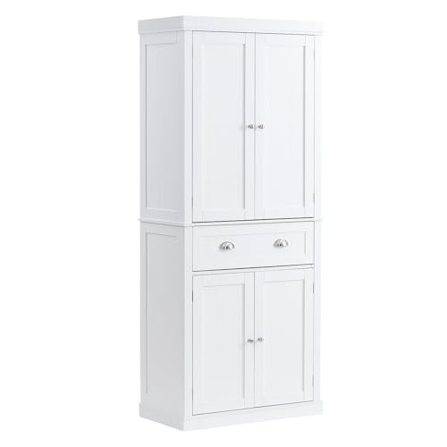 "VEVOR 72"" Kitchen Pantry Storage Cabinet, Freestanding Utility Cabinets with Doors, Drawer and 3 Adjustable Shelves, Tall Food Buffet Pantries for Kitchen, Living Room, Dinning Room, Laundry, White"