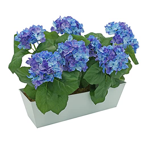 GreenBrokers Artificial Blue Hydrangea Flower Bush in White Tin Window Box (45cm) with Nine Flower Clusters for Home or Outdoor Living