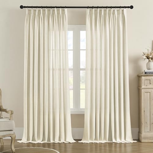 MASWOND Extra Wide Pinch Pleated Semi Sheer Curtains 84W x 108L Inches, Extra Long Light Filtering Pleat Drapes for Patio Door, Living Room, Privacy Pleated Curtain with Hooks (1 Panel, Natural)