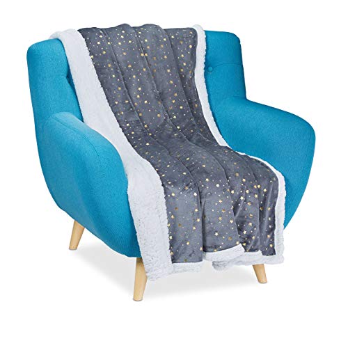 Relaxdays Cuddle Blanket with Golden Stars, Fluffy Blankie, Lamb Fur Look, Two-Sided, 150x200 cm, Grey/White, Polyester