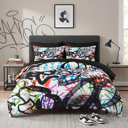 WeCozy 7 Pcs Queen Size Comforter Set with 2 Pillowcases & 2 Shams, Urban Modern Fashion Bedding for Kids and Adults, Abstract Graffiti Bed in a Bag with Flat Fitted Sheet