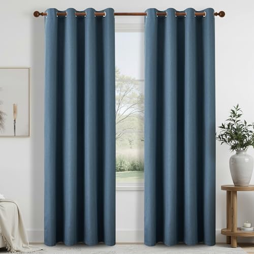 DONREN Total Blackout Linen Curtains 95 Inch Length for Bedroom Living Room, Farmhouse 100% Black Out Thermal Insulated Privacy Lightweight Grommet Curtain Panels, Denim Blue, W52 x L95, 2 Panels