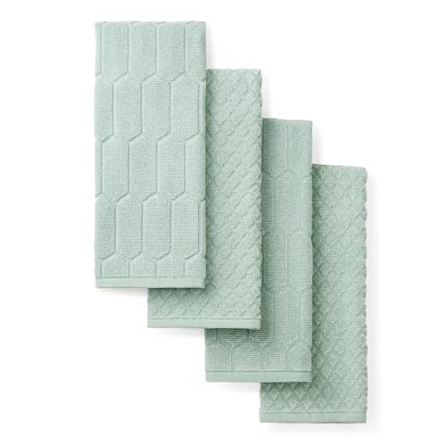 "Martha Stewart Honeycomb Chambray Textured Kitchen Towel 4-Pack Set, 100% Cotton with Absorbent Terrycloth, Decorative Kitchen Towels, Mint Green, 16""x28"""
