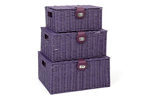 ARPAN Set of 3 Resin Woven Storage Basket Box With Lid & Lock (Purple)