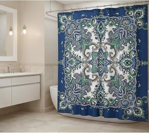 Instabul Shower Curtain Set with 12 Roller Ball Hooks (blue)