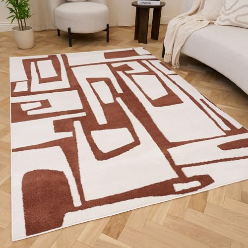 THE RUGS Living Room Rug, Loft Collection – Modern Textured 14mm Soft Pile Area Carpet, Non-Shedding & Easy Care [ Abstract Terra, 200x290 cm]