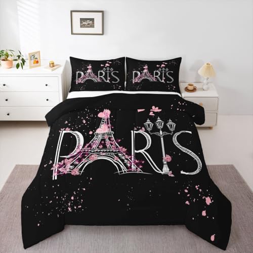 Feelyou Eiffel Tower Comforter Set Chic Paris Bedding Set Romantic Theme Comforter for Boys Girls Children Teens Black Pink Bedroom Decor Modern French Style Duvet Set King Size with 2 Pillow Case
