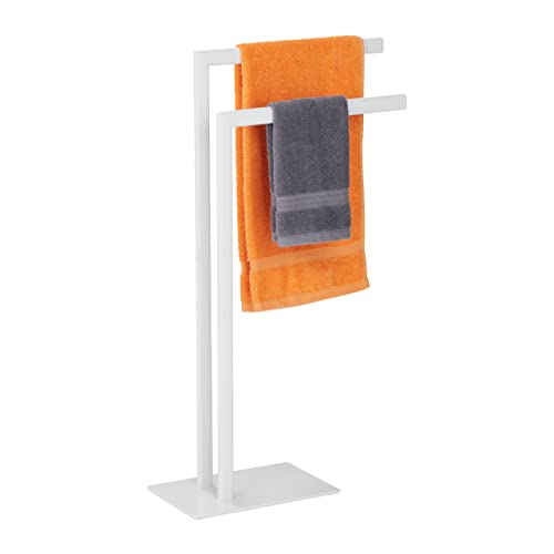 Relaxdays Towel Rack, 2 Bars, HWD: 81 x 48 x 20 cm, for Bathroom or Kitchen, Versatile Free Standing Dryer, Steel, White