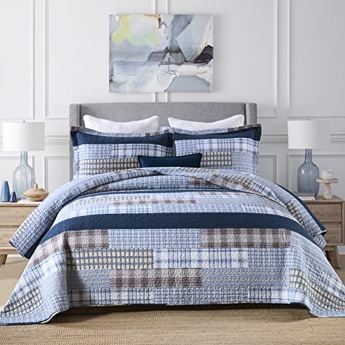 Finlonte Quilt Queen Size 100% Cotton Queen Size Quilts Blue Beige White Bedspreads Plaid Quilts Lightweight Soft Breathable Bedding Sets for All Season, 3 Piece