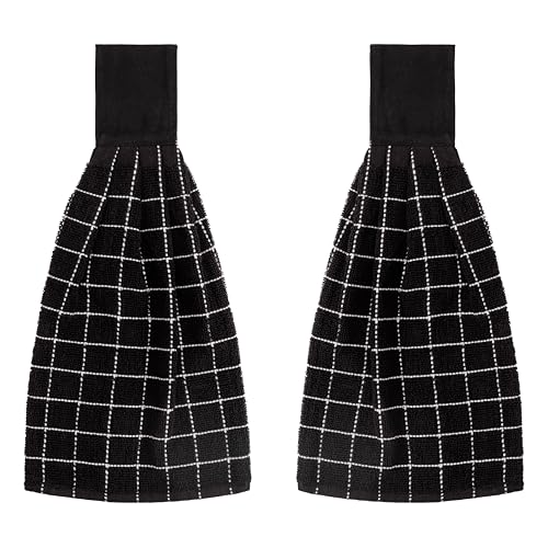 Blue Needles Hanging Kitchen Towels - Black 100% Cotton Solid Kitchen Tie Towel, Set of 2 Hand Dish Cloth with Hanging Loops 9 x 17 Inches, Absorbent, Super Soft, and Fast Drying Home Essential