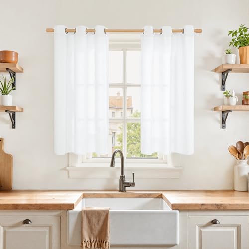 YoungsTex White Linen Curtains 40 Inches Length for Kitchen Window - Small Window Drapes Semi Sheer Light Filtering with Bronze Grommet for Bathroom Rustic Privacy, 2 Panels, 34 X 40 Inch