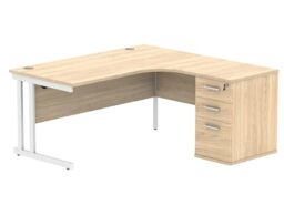 Office Hippo Heavy Duty Right Corner Radial PC Office Desk With Storage, 3 Drawer A4 and Foolscap Filing Pedestal, White Frame, Canadian Oak Top, 160 x 160.4 x 73 cm