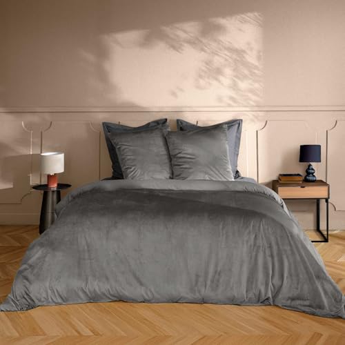 Douceur d'Intérieur, Velina 3-Piece Bedding Set (240 x 220 cm) Anthracite, Plain Velour