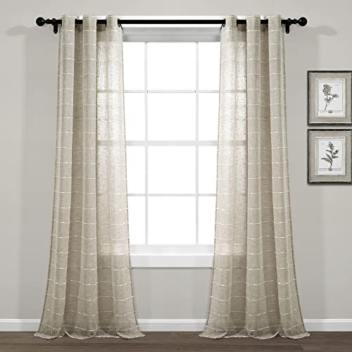 "Lush Decor Farmhouse Textured Grommet Sheer Window Curtain Panel Pair, 38"" W x 120"" L, Neutral"