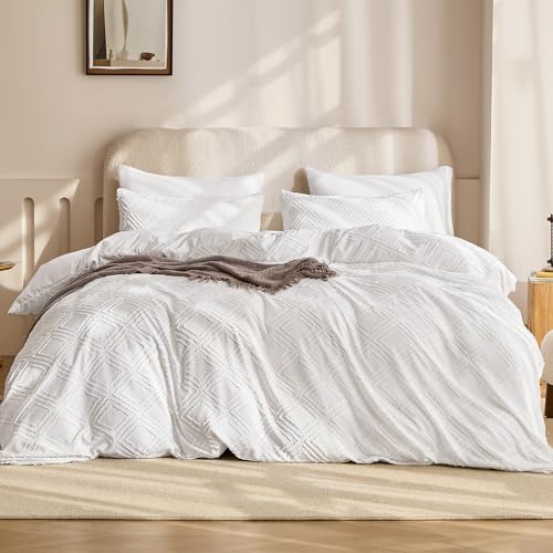 JELLYMONI Bright White Duvet Cover Queen Size - 3PCS Microfiber Tufted Set, Boho Textured Duvet Cover Jacquard Rhombus Geometric Pattern with Corner Ties & Zipper Closure