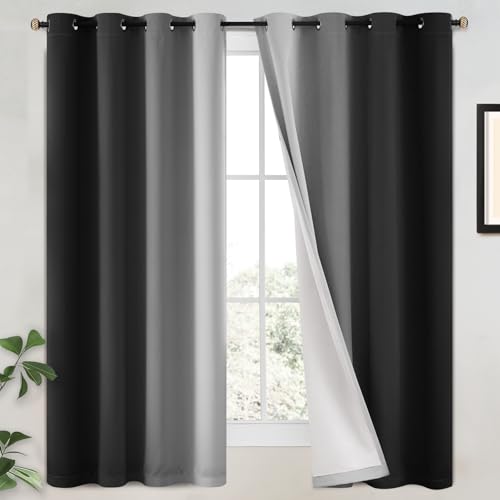 Yakamok 100% Blackout Curtains 63 Inch Length 2 Layers,Black Curtains for Bedroom Ombre Room Darkening Grommet Gradient Drapes,Light Blocking Thermal Insulated Window Curtains for Living Room
