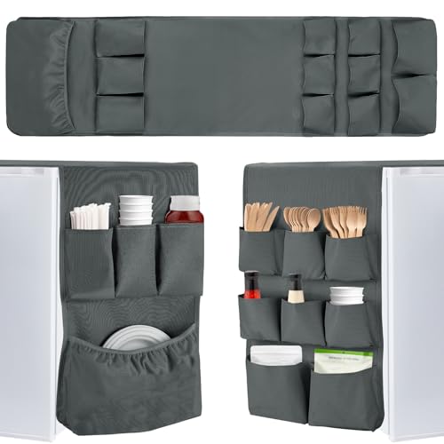 "Extended Mini Fridge Caddy Organizer - 55"" x 16.5"" Back to School Dorm and Office Over the Fridge Storage Organizer with 11Pockets for Flatware Drink Paper Goods, College Must Have, Gray"