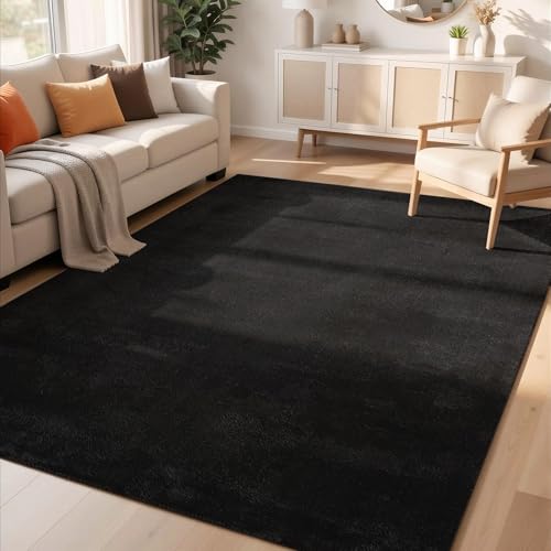 Rugs by Desire Comfy Washable Modern Living Room Rug Polyester Plain Indoor Area Rug with Low Pile - Anti-Slip Felt Backing SuperSoft Carpet Bedroom-Hallway, Black, 60x100 cm