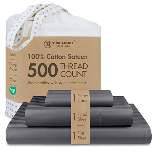 "Threadmill 500 Thread Count Twin-XL Size Damask Stripe, 3 Piece Cotton Bedsheet Set, Breathable Dark Grey Sheets with 15"" Elasticized Deep Pocket, 1 Pillowcase & Free Tote Bag"