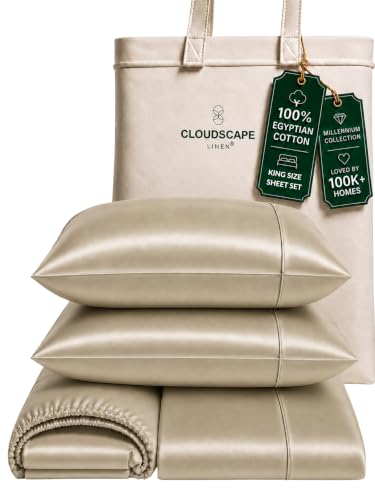Cloud Scape Linen Engineered Dual-Ply Egyptian Cotton King Size Sheet Set ??? Long-Staple Sateen Weave, 4-Piece Soft Hotel Quality Bedding Set,Deep Pockets Up to 16???, Linen