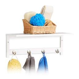 Relaxdays Wall Rack with 4 Hooks, HxWxD: 17.5 x 50 x 16 cm, Bamboo, Towel Holder, Hallway Coat Rack, Floating, White