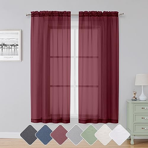 "Simplebrand Red Sheer Curtains 63 Inch Length 2 Panels, Rod Pocket Solid Color Window Sheer Curtain Panels, Elegant Curtains & Drapes for Living Room, Bedroom 2 Panels (Burgundy, 42"" W x 63"" L)"