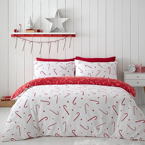 Catherine Lansfield Christmas Candy Cane Reversible Single Duvet Cover Set with Pillowcase Red/White