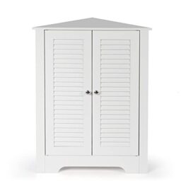 CASART Floor Storage Cabinet, Multipurpose Corner Shelf with Double Louver Cabinet Doors, Stand Organizer Cupboard Unit for Kitchen, Living Room, Bathroom and Hallway (White)