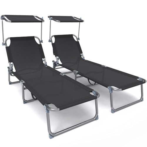 VOUNOT® Folding Sun Loungers Set of 2, Textilene Reclining Sunbed with Adjustable Backrest & Sunshade for Garden, Beach, Patio, Pool, Camp, Load 110 kg, Black