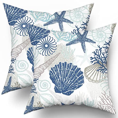 Nautical Coastal Throw Pillow Covers 18x18 Inch Pack of 2 Summer Blue Ocean Themed Pillow Covers Seashell Starfish Beach Decorative Pillowcase Square Cotton Cushion Cover for Bedroom Sofa Home Decor