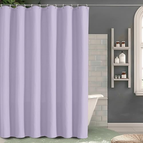 OVZME Long Fabric Shower Curtain Set, Waffle Textured Shower Curtain for Bathroom - Weight 230GSM Heavy Duty Hotel Spa Luxury Bath Curtain Set with 12 Plastic Hooks, 72Wx78L, Lavender