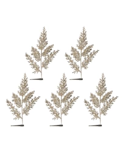 Set of 5 Latte Glitter Leaf Christmas Tree Picks, 23cm Sprays - 5 latte glitter leaf picks, 23cm decorative Christmas sprays for trees, wreaths, garlands and festive displays