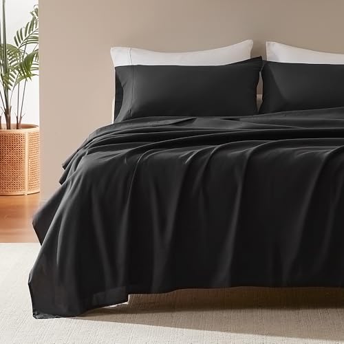 "SLEEP ZONE Nanotex Super Soft Cooling King Bed Sheets Set 4 Piece - Easy Care Fitted Flat Sheet & Pillowcase Sets - Wrinkle Free, Fade Resistant, Deep Pocket 16"" (Black, King)"