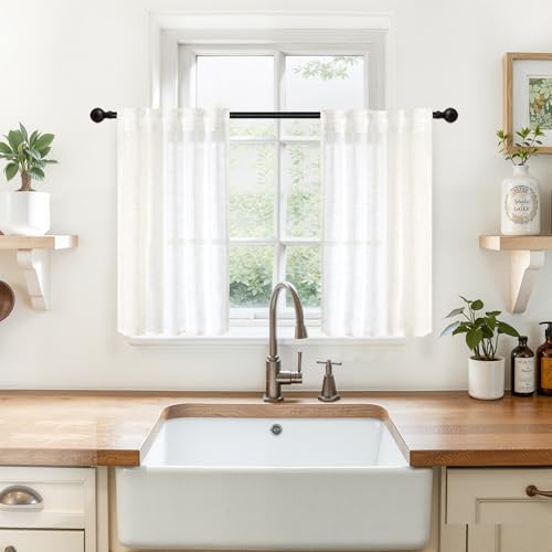 YoungsTex Linen Cafe Curtains 24 Inch Length - Small Half Drapes Semi Sheer with Rod Pocket Back Tab Light Filtering for Bathroom Kitchen Windows, White, 2 Panels, 29 X 24 Inch