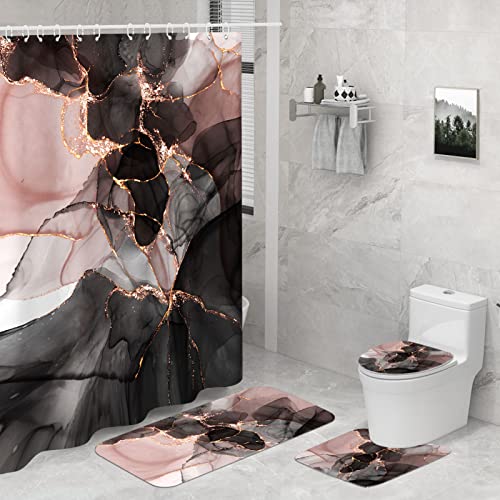 Seorsok Pink Gold Marble Shower Curtain Sets 4 Piece with Rugs,Black Pink Gold Bathroom Sets with Shower Curtain and Rugs and Accessories, Modern Bathroom Decor with Bath Mats and 12 Plastic Hooks
