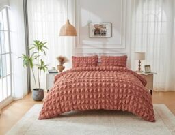GC GAVENO CAVAILIA Seersucker Duvet Cover Sets - 3Piece Microfiber Grey Bedding Duvet Cover Double & Pillow Cases - Breathable & Super Soft Bed Quilt Covers Set Button Closure, 200x200 Cm, Rust