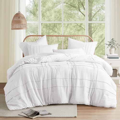 Comfort Spaces White King Size Comforter Set - 3 Pieces Pintuck Pleated Bedding Sets King, All Season Lightweight, Extra Softness Pre-Washed Microfiber King Bed Set, Shams, King/Cal King
