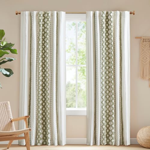 "INK+IVY Imani 100% Cotton Single Panel Curtain Tufted Chenille Stripe Geometric Print Mid-Century Look Rod Pocket Top Drape for Living Room, Privacy Window Treatment for Bedroom, 50"" W x 95"" L, Green"
