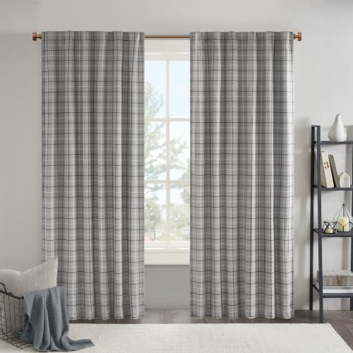 "Madison Park Anaheim Cabin Plaid Curtain Window, Thermal Insulated Fleece Lining, Living Room Decor Light Blocking Drape for Bedroom, 1-Single Panel Pack, 50"" x 84"" Rod Pocket, Grey"