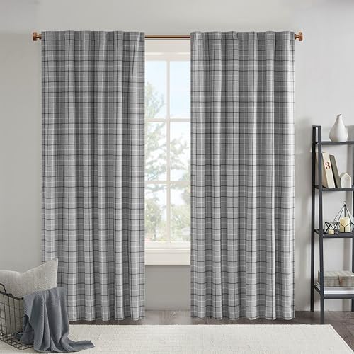"Madison Park Anaheim Cabin Plaid Curtain Window, Thermal Insulated Fleece Lining, Living Room Decor Light Blocking Drape for Bedroom, 1-Single Panel Pack, 50"" x 84"" Rod Pocket, Grey"