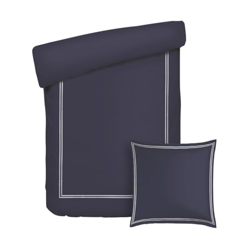 Pure Cotton 2-Piece Single Bed Linen – Duvet Cover 135 x 200 cm and Pillowcase 80 x 80 cm – 100% Cotton Satin, 80 Threads/cm², 120 GSM – Oeko-TEX Certified – Silhouette – White/Dark Blue