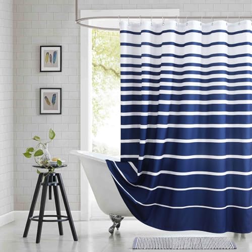 BESTRIPES Blue Shower Curtain, Modern Navy Blue and White Stripe Waterproof Polyester Shower Curtains for Bathroom, 72x72 Inches