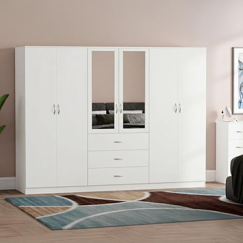 Vida Designs Riano 6 Door 3 Drawer Mirrored Wardrobe - White - Bedroom Furniture - 175H x 230W x 54D cm - With Storage Shelf & Hanging Rail - Large Capacity Storage