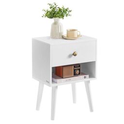 Vasagle LET655W01 Bedside Table with Drawer and Open Shelf, Wooden Legs, Coffee Table for Living Room, Bedroom, Sofa, Snow White