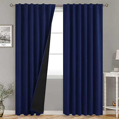 BGment Navy Blue 100% Blackout Curtains 84 Inches Long with Reducing Noise Liner, Rod Pocket and Back Tab Double Layer Full Room Darkening Window Curtain for Bedroom, 2 Panels, Each 52 x 84 Inch