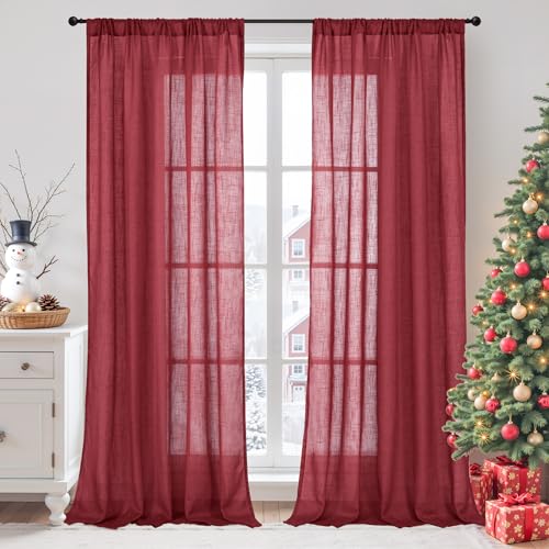 BGment Burgundy Linen Curtains 90 Inch Length for Living Room, Long Semi Sheer Window Drapes Textured for Farmhouse Bedroom Dining Christmas Decor Rod Pocket Lightweight, 2 Panels, Each 52 Inch Wide